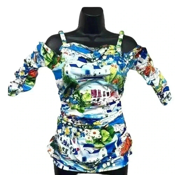 Boston Proper Cold Shoulder Rouge 3/4 Sleeve Cowl Neckline Tropical Top Size XS - Picture 1 of 15